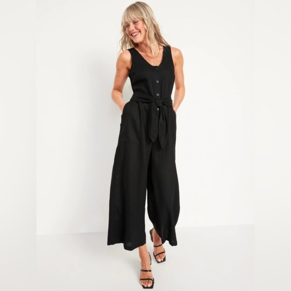 Sleeveless Cropped Linen-Blend Belted Jumpsuit